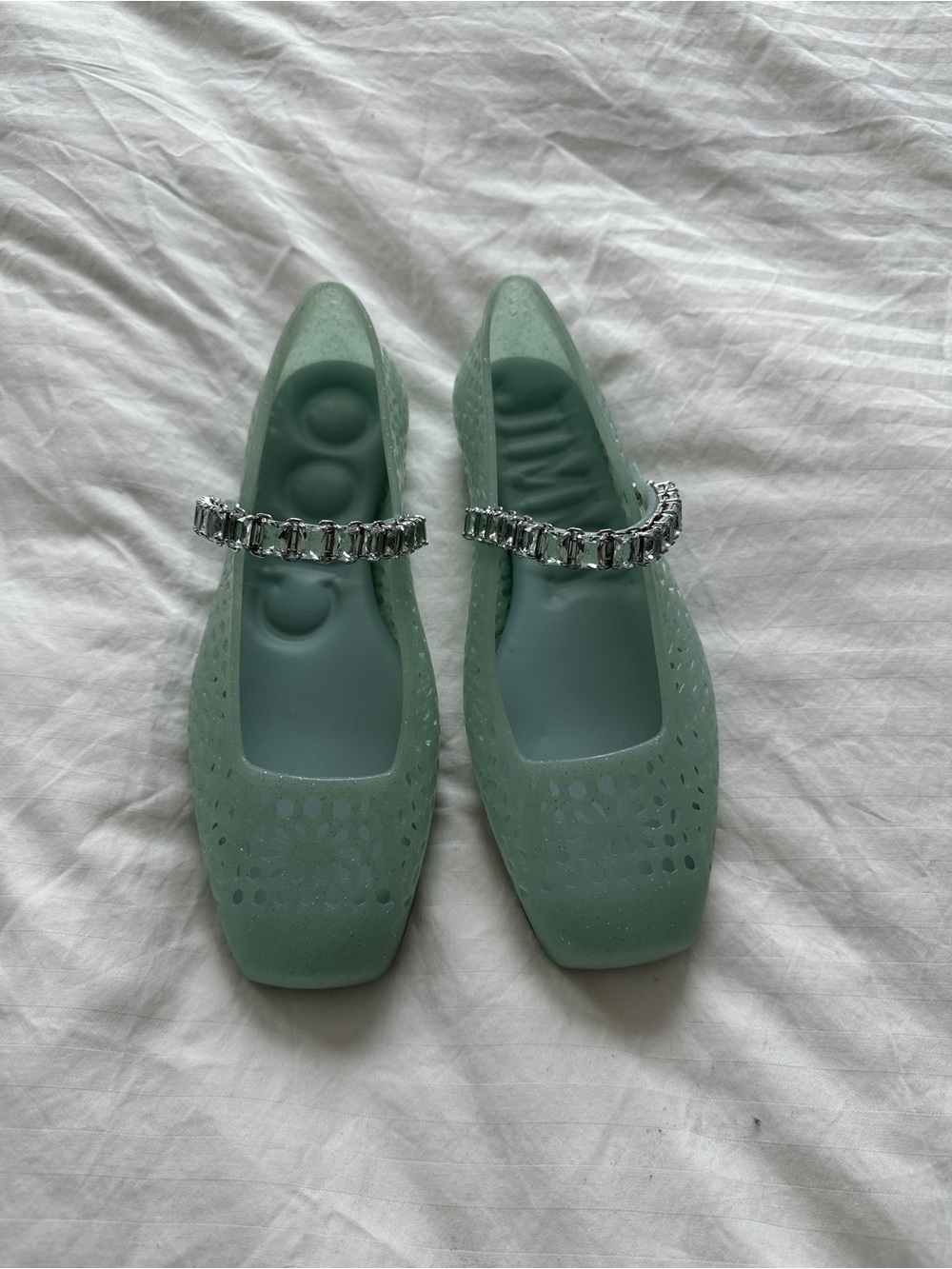 Jimmy Choo 37 Mint Green Jelly Mary Jane Flats with Crystal Strap